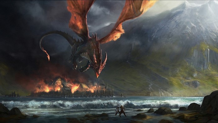 Smaug attacking a burning town from The Hobbit