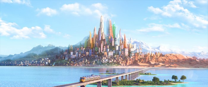 Zootopia cityscape with train crossing a bay