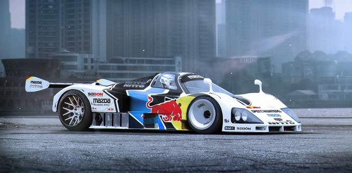 Mazda 787B race car with Red Bull livery