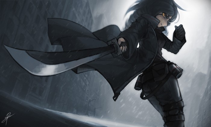 Anime girl with sword in dark city