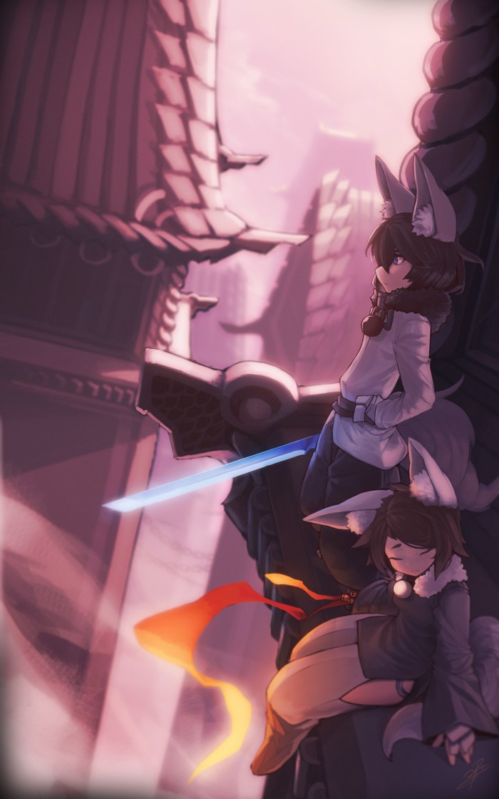 Two anime girls with animal ears and swords