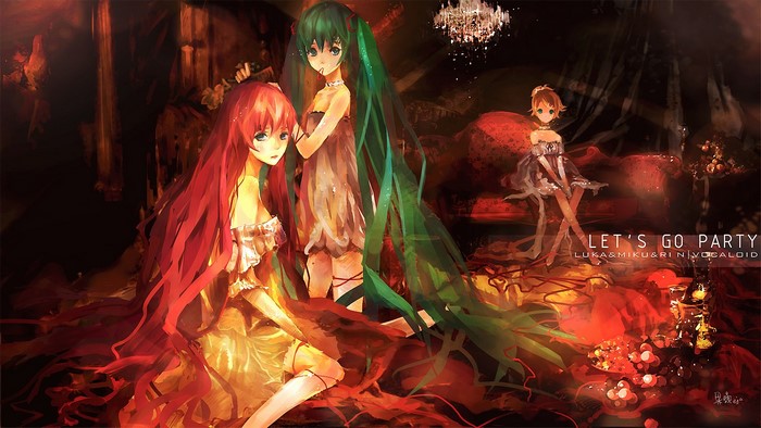 Luka, Miku, and Rin from Vocaloid at a party