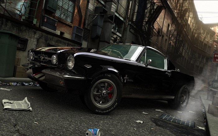 Black Ford Mustang muscle car in an urban alley