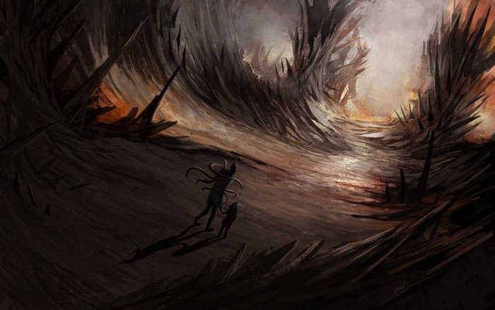 Creature and child in a dark, spiky wasteland