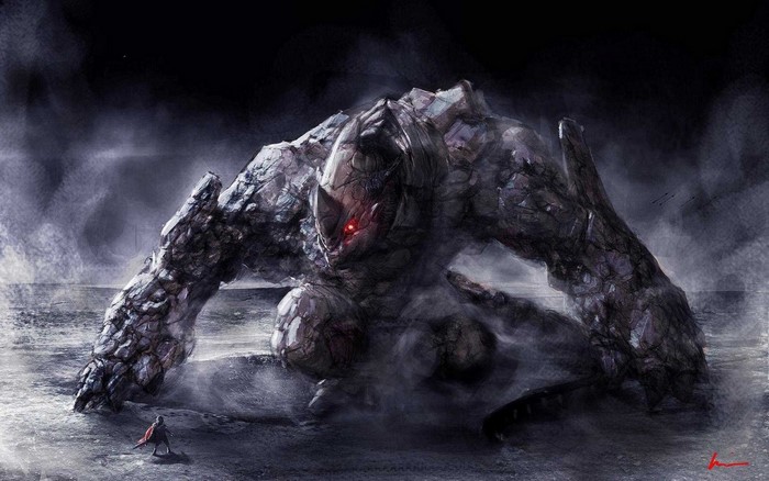 Fantasy art of a stone golem with red eyes