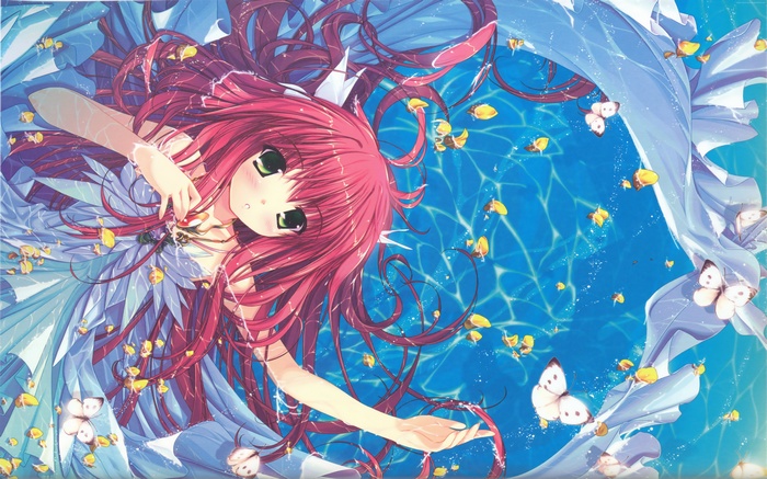 Anime girl with pink hair and butterflies in water