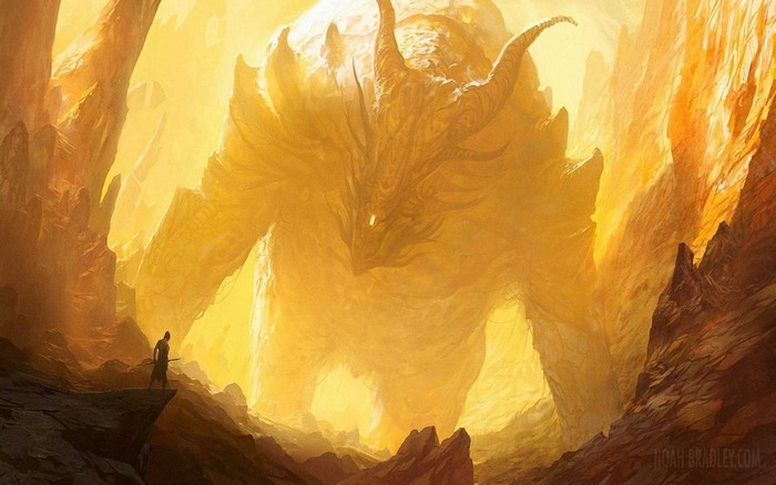 Giant golden dragon in a rocky canyon with a warrior