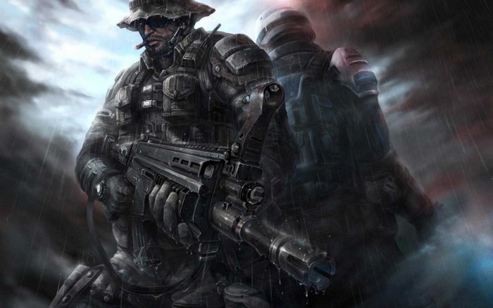Soldiers in the rain with weapons