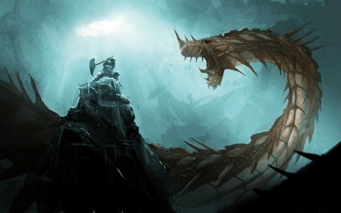 Warrior battles a dragon on a rocky outcrop