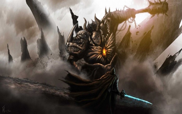 Warrior with glowing sword faces a monstrous creature with a mace