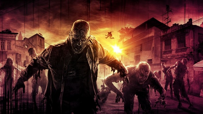 Zombies attacking in a city at sunset