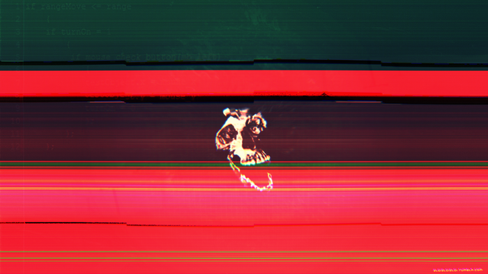 Glitch art with abstract red lines and a figure