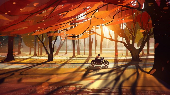 Motorcyclist riding through an autumn park with falling leaves