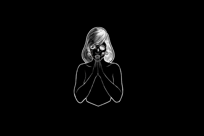 Illustration of a woman with skull features praying
