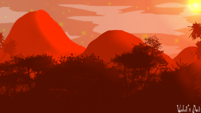 Digital art of a red mountain landscape at sunset
