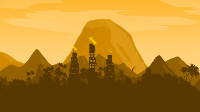 Digital art illustration of a silhouetted city with mountains
