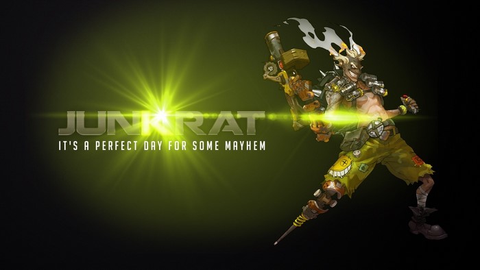 Junkrat from Overwatch with the tagline "It's a perfect day for some mayhem"