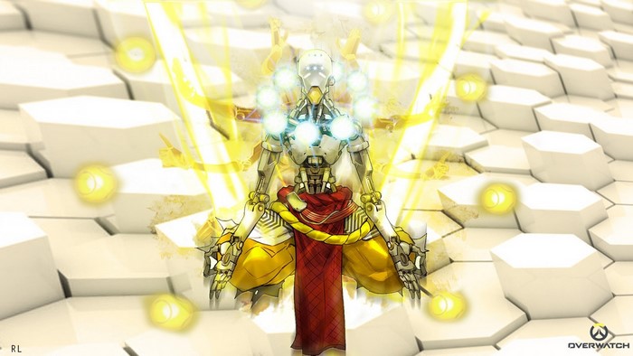 Zenyatta from Overwatch with orbs and light effects