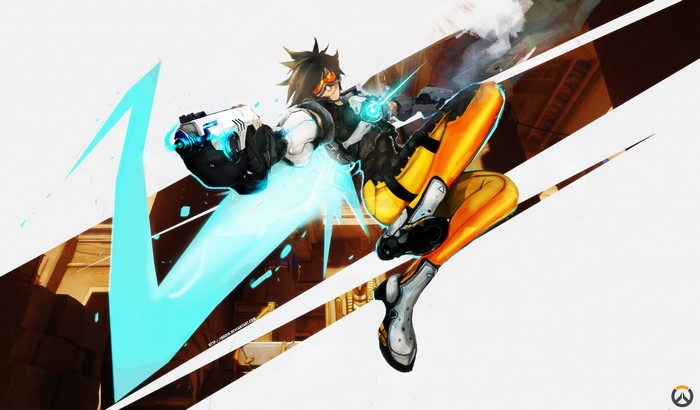 Tracer from Overwatch firing her pulse pistols