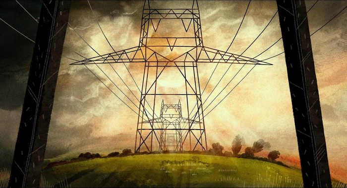 Artwork of electric utility poles at sunset