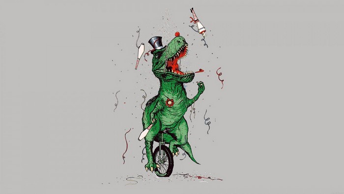 Green dinosaur juggling on a unicycle with a top hat