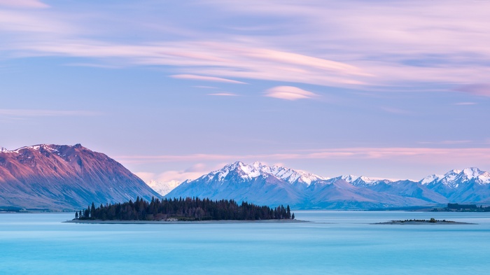 Lake Tekapo with Mountains and Islands, New Zealand