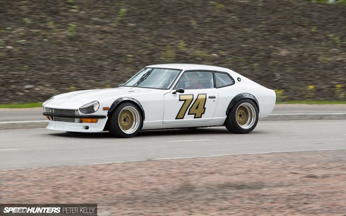 White Datsun 260Z with number 74 racing car