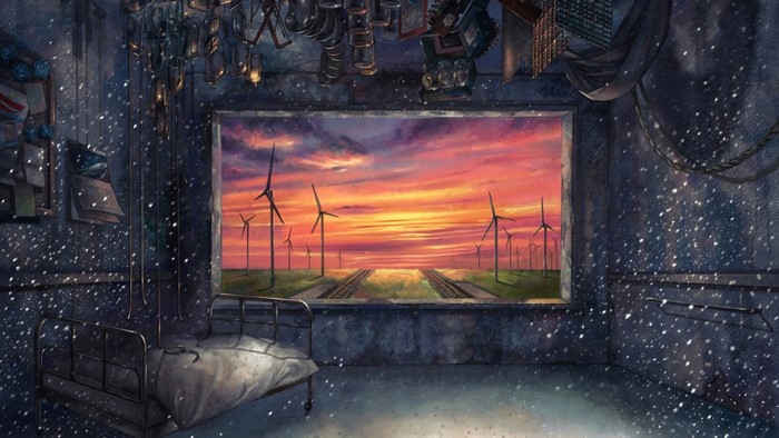 Hospital room with view of wind turbines at sunset