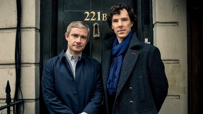 Sherlock Holmes and John Watson outside 221B Baker Street