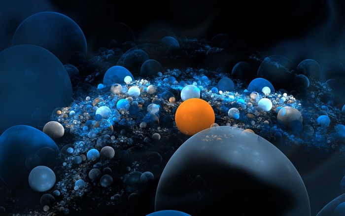 Abstract fractal art with blue and orange spheres