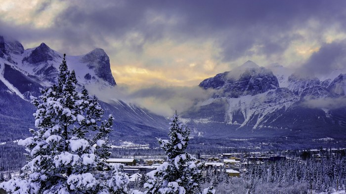 Snowy Banff National Park Mountains at Dawn