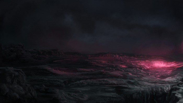 Dark alien planet with glowing pink crater