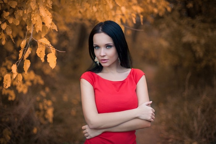 Autumn Portrait of Woman in Red Dress