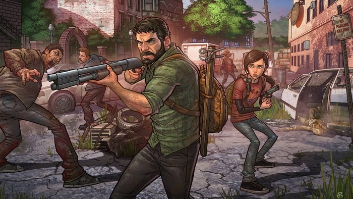 Joel and Ellie from The Last of Us fighting infected