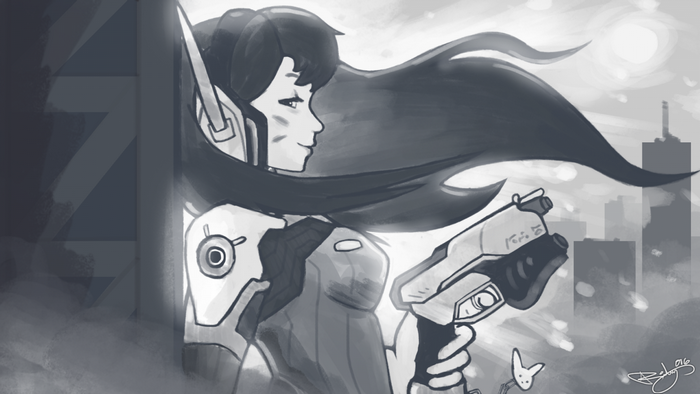 D.Va from Overwatch holding a gun in a city