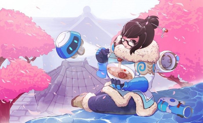 Mei from Overwatch eating noodles with her drone