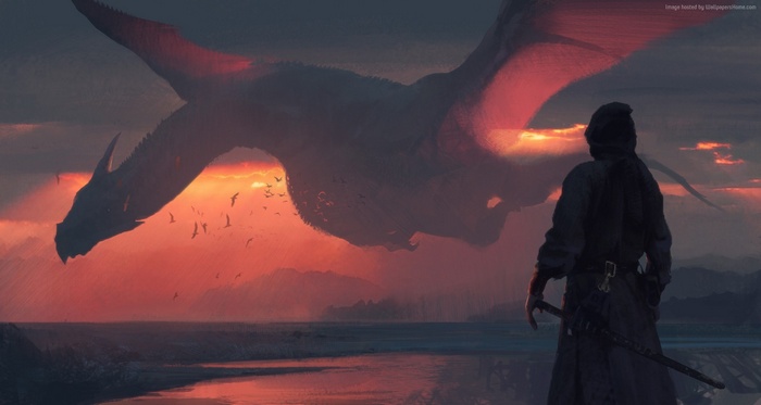 Warrior facing a dragon at sunset