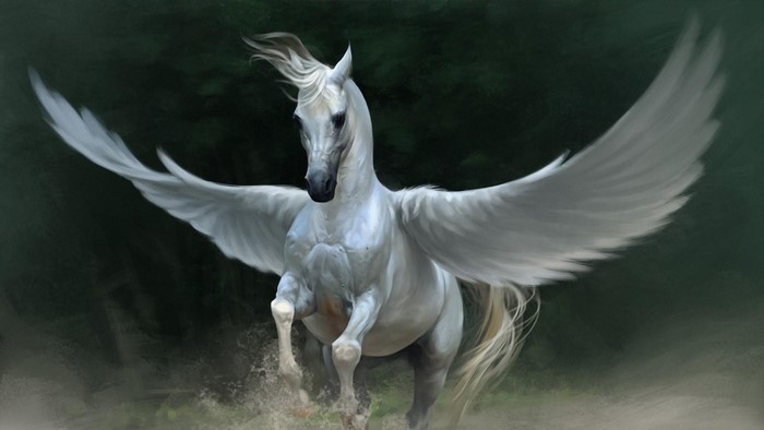 A white Pegasus with large wings in a forest