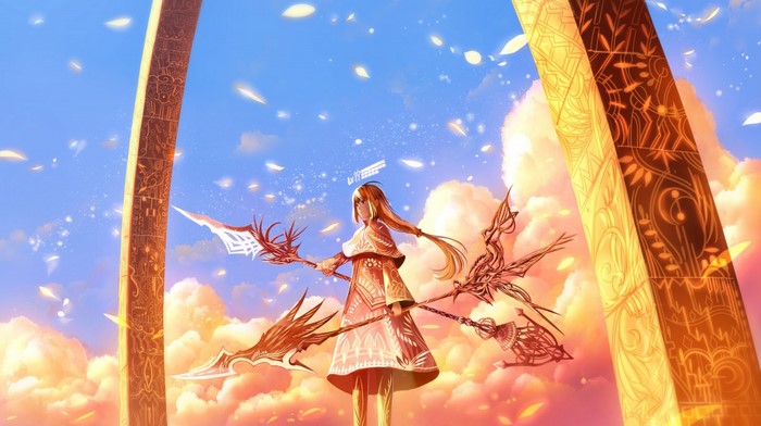Anime girl with halo and weapons under arch