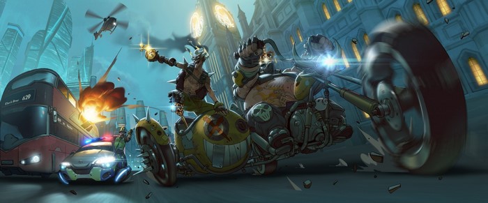 Roadhog and Junkrat from Overwatch in a city chase