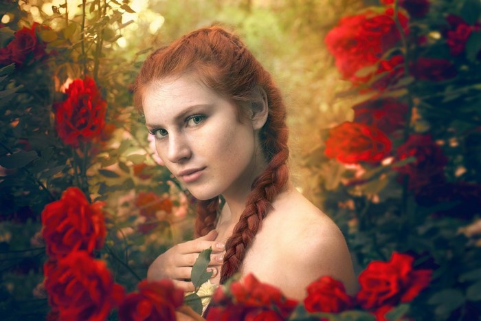 Young woman with red hair and braids in a rose garden