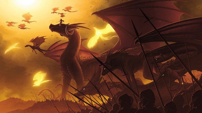 Army of dragons and soldiers in a fantasy war
