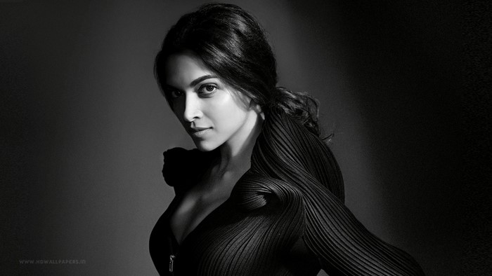 Deepika Padukone in a black outfit, monochrome portrait