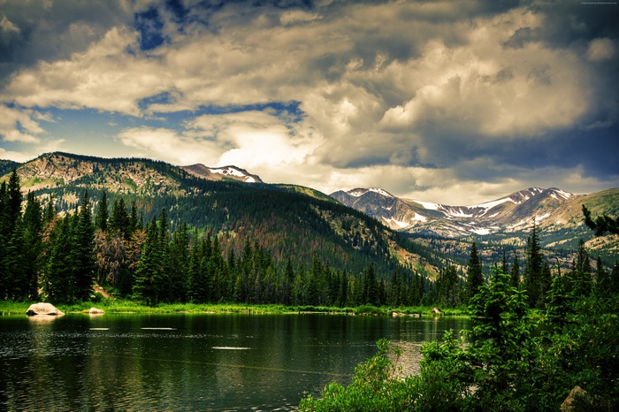 Lake and Mountains with Forest and Clouds 4K