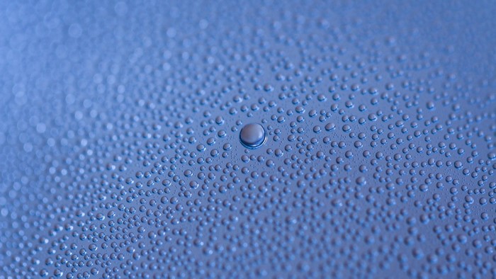 Close-up of water droplets on a blue surface