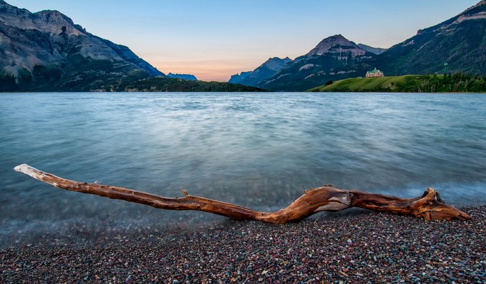 Driftwood on a pebble shore with mountains and a lake
