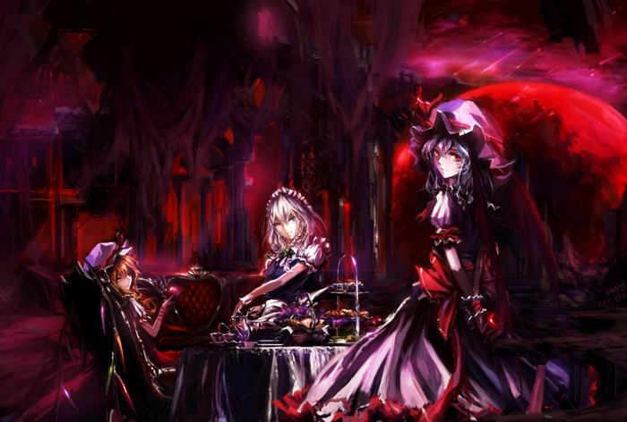Touhou characters in a dark, gothic setting with a large red moon