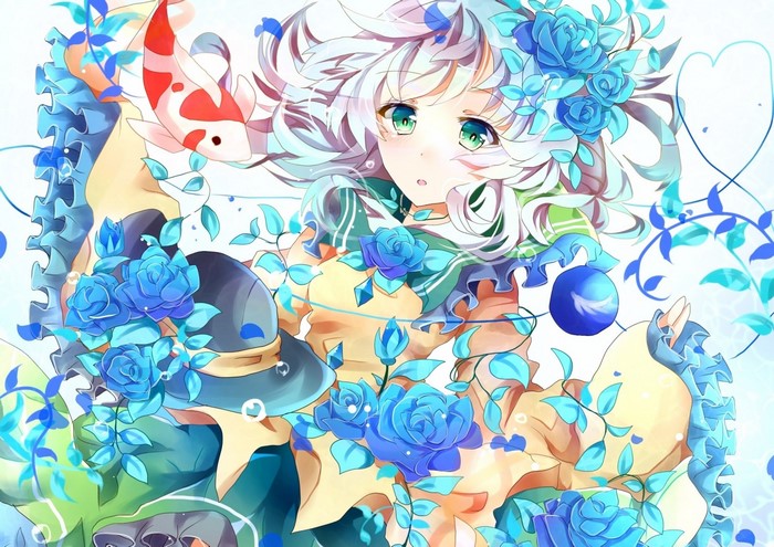 Komeiji Koishi from Touhou with blue roses and koi fish