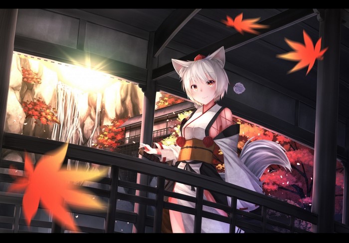 Anime girl with fox ears and tail in Japanese clothes