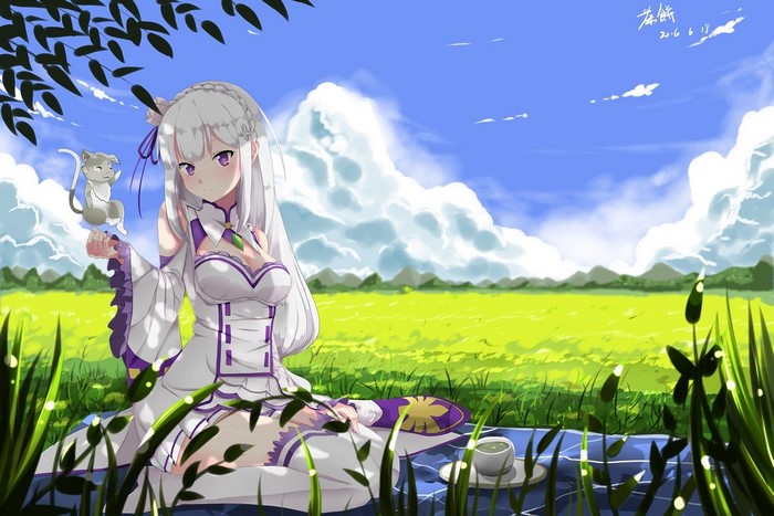 Emilia from Re:Zero with Puck in a field